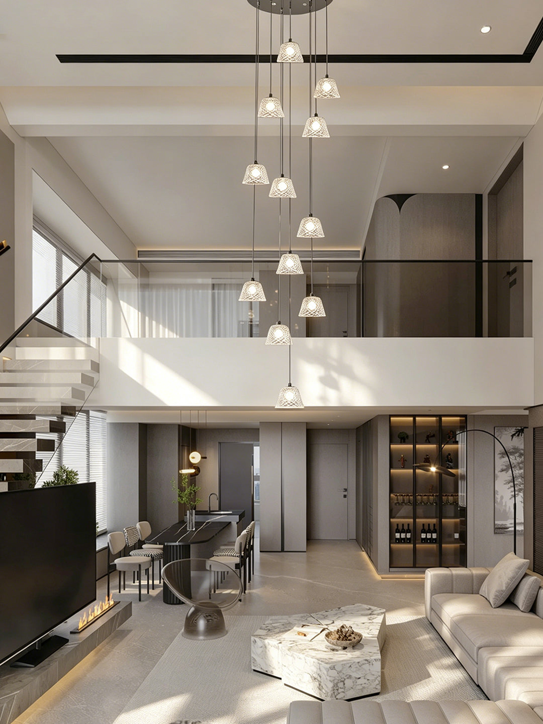 12-Light Spiral Staircase Glass Pendant Light