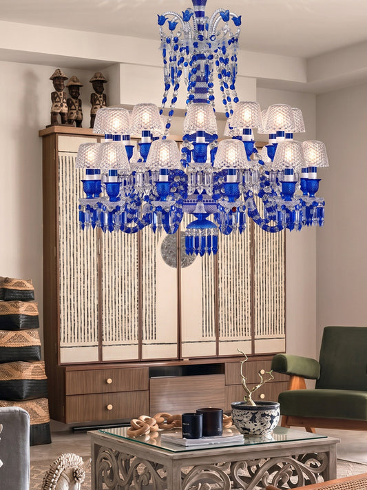 Sapphire Blue Crystal White Shade Chandelier
