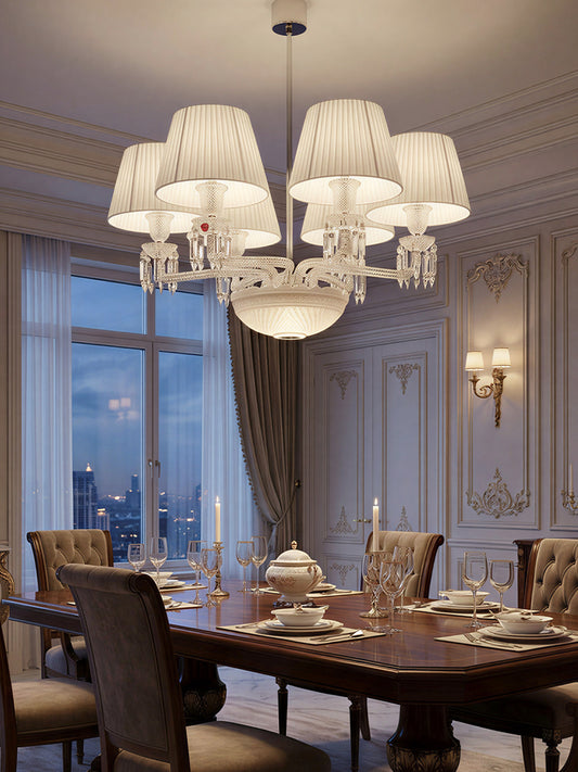 4-Light White Fabric Shade Crystal Chandelier