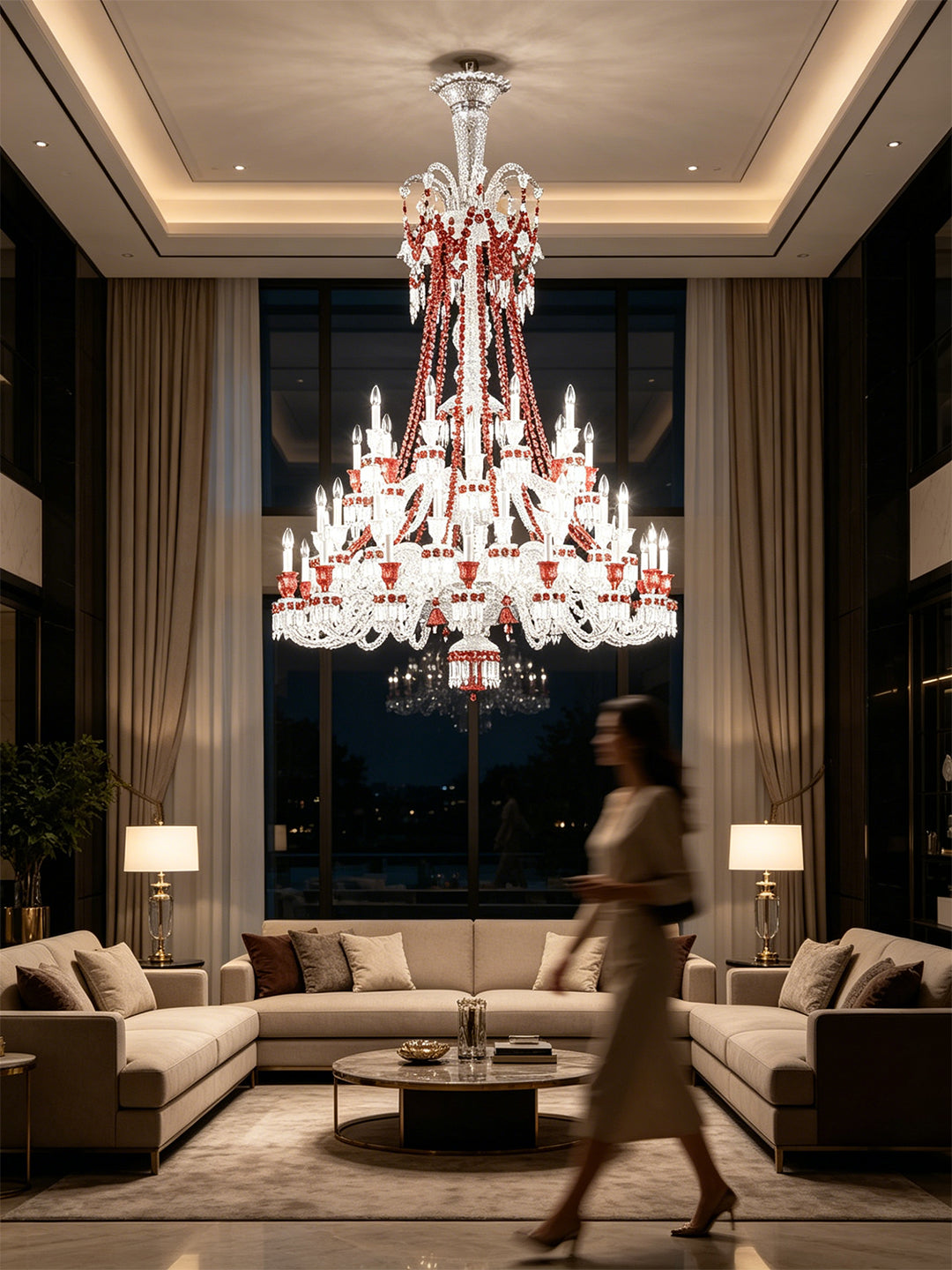 Baccarat-Style Red Accent Crystal Chandelier
