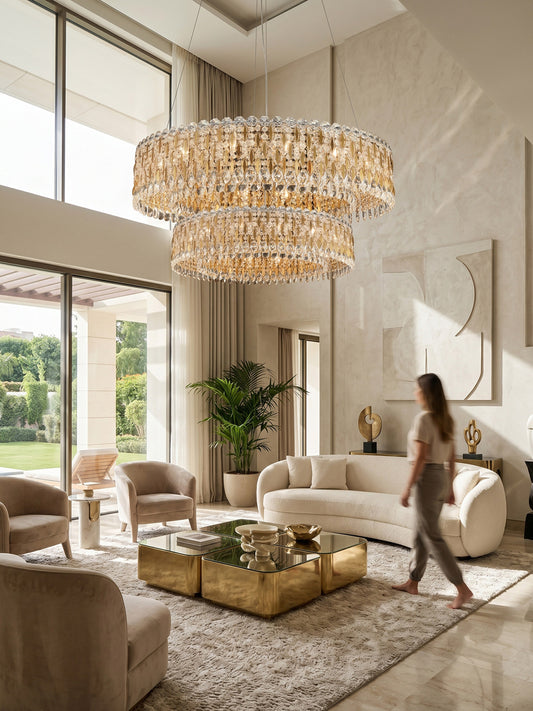 Two-Tier Gold Crystal Drum Chandelier