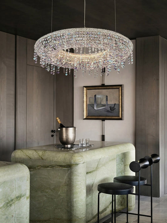 Modern Iridescent Crystal Ring Chandelier