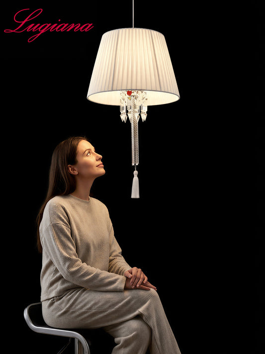 European 3 Heads Cream Pleated Shade Crystal Tassel Dining Pendant Lamp