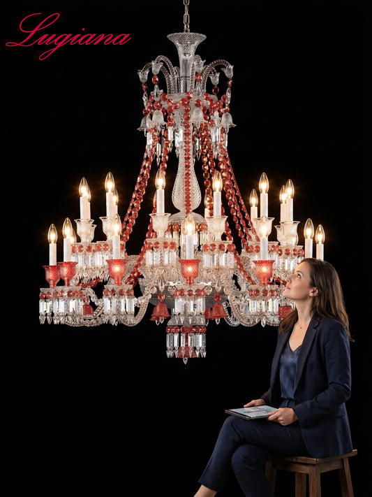Baccarat-Style Red Accent Crystal Chandelier