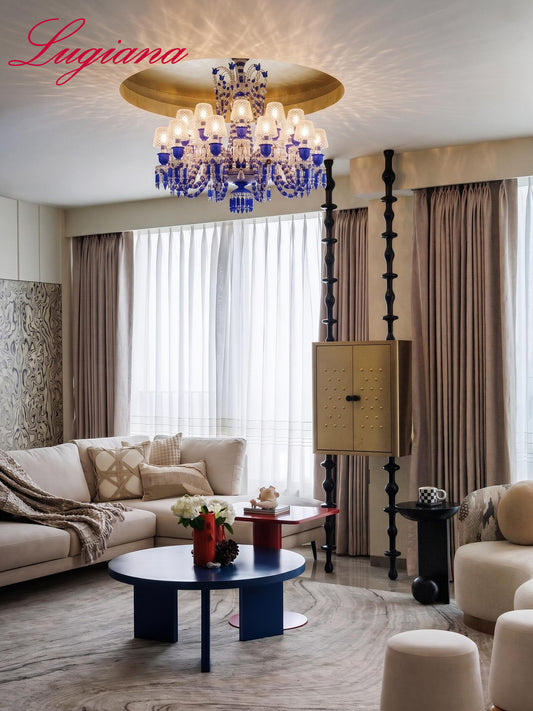 Sapphire Blue Crystal White Shade Chandelier