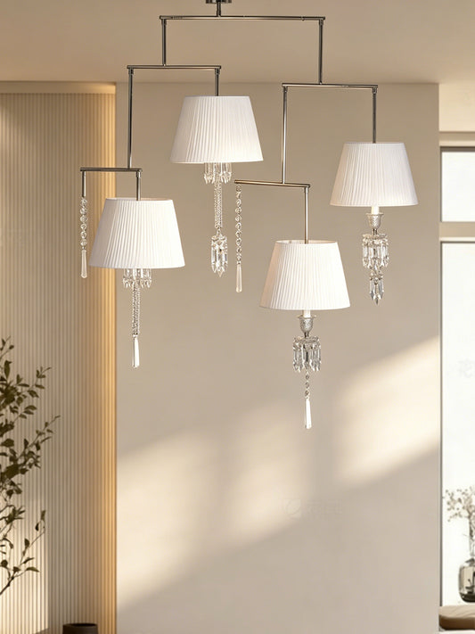 4-Light Tiered Arm White Shade Crystal Pendant Lamp