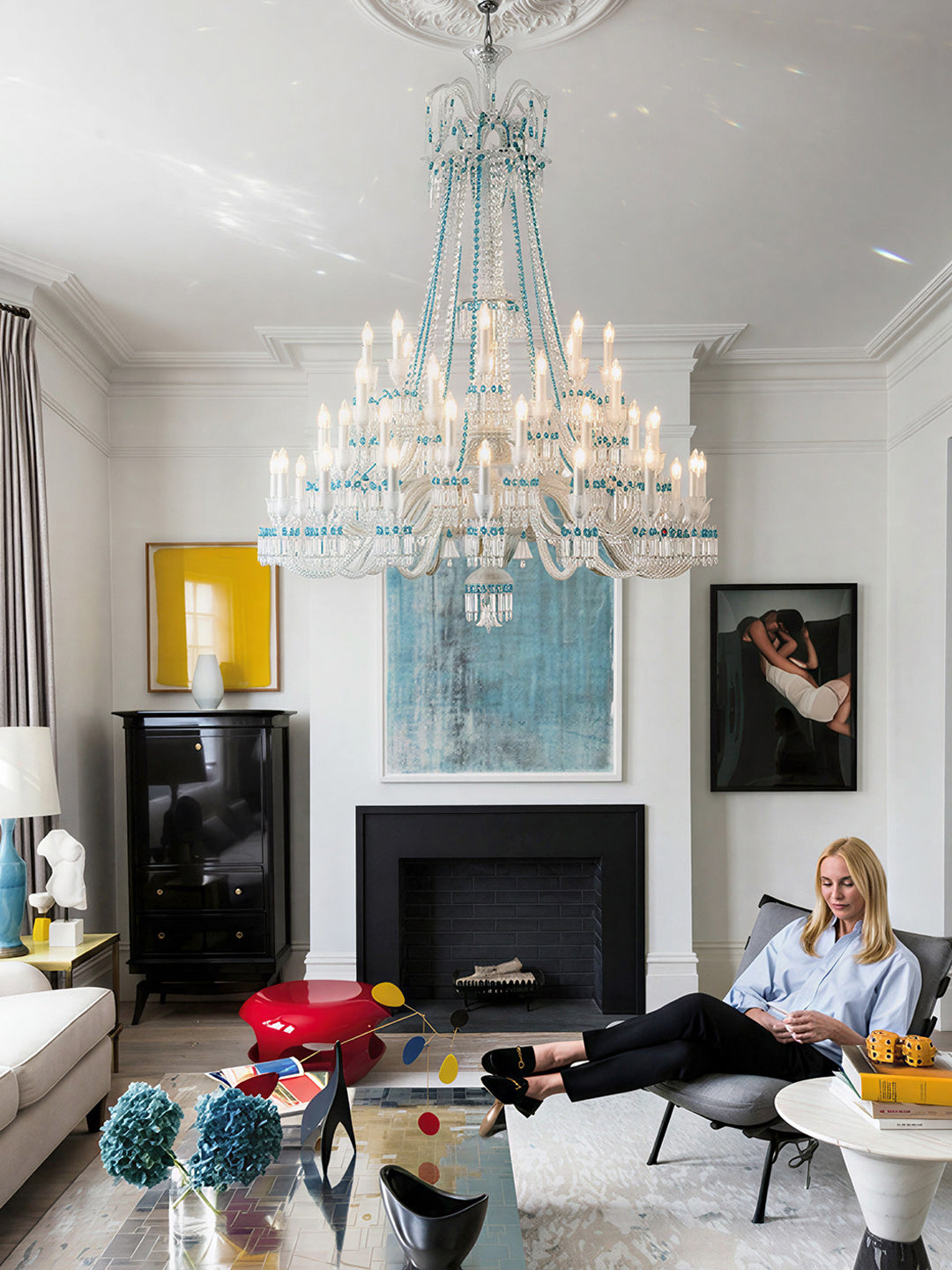 Turquoise Bead White Shade Crystal Chandelier
