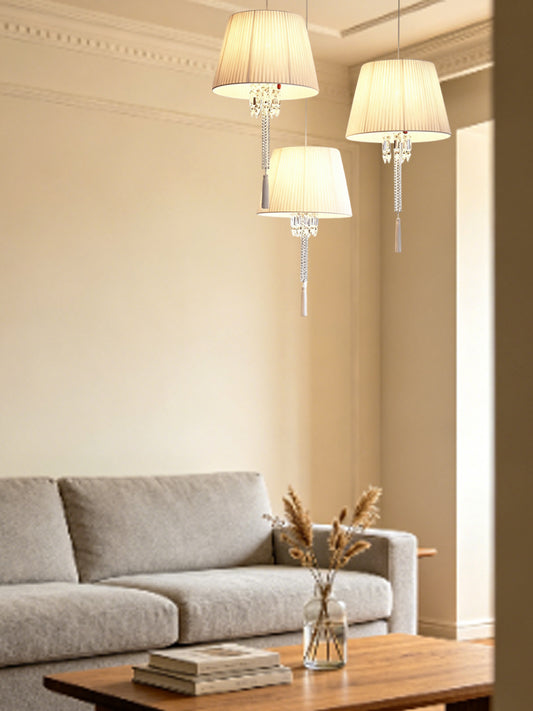European 3 Heads Cream Pleated Shade Crystal Tassel Dining Pendant Lamp