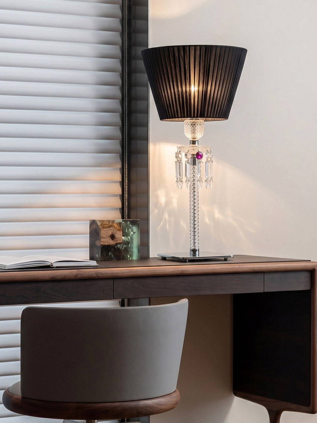 Black & White Pleated Shade Crystal Table Lamp
