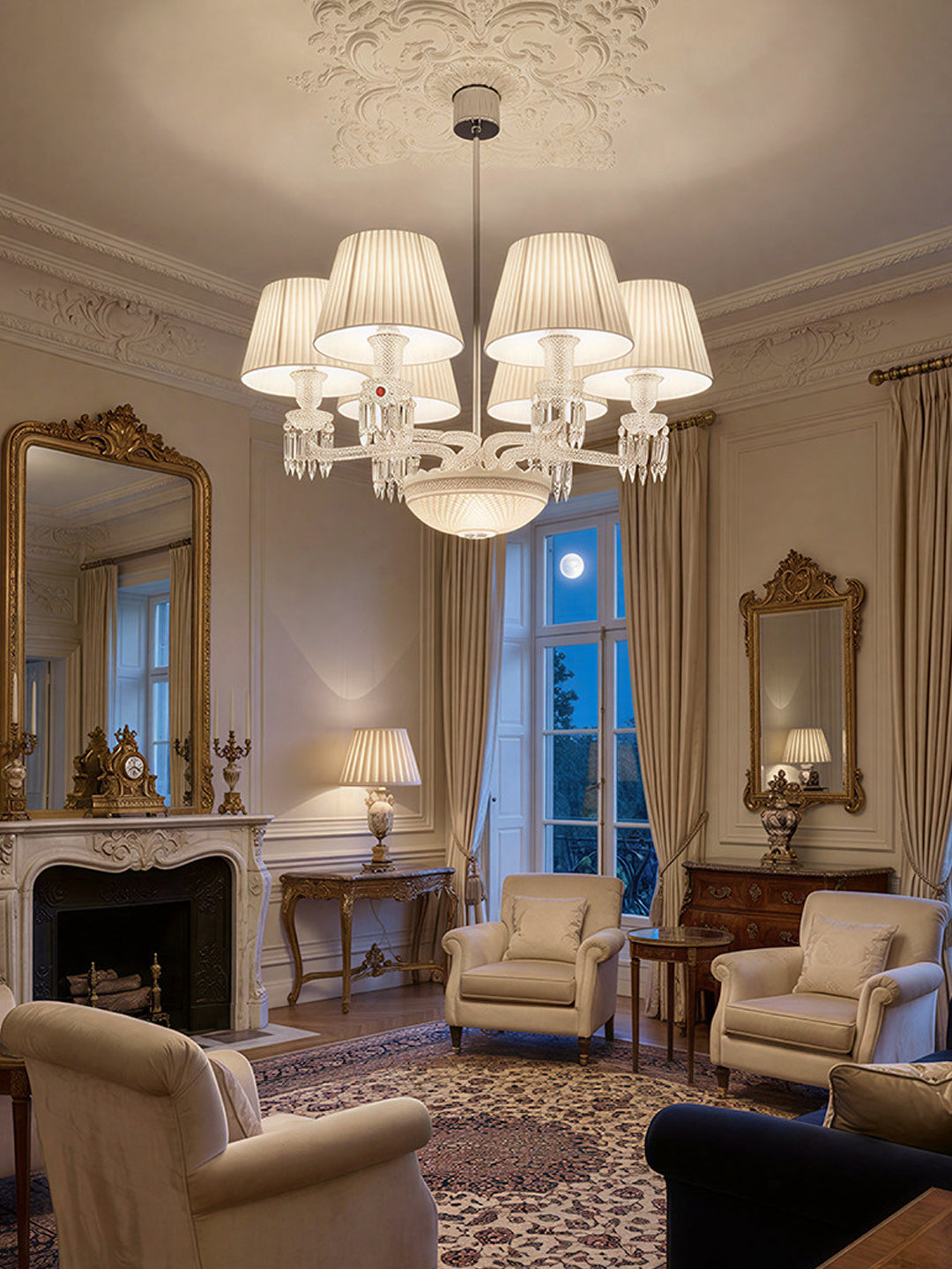 4-Light White Fabric Shade Crystal Chandelier
