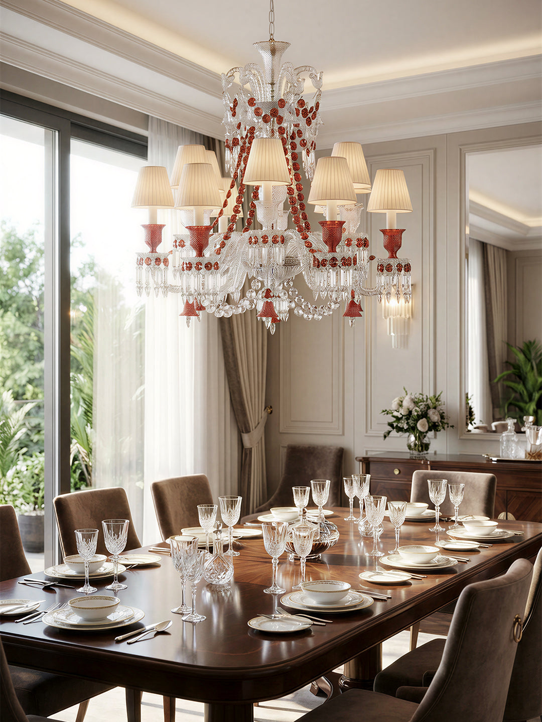 Baccarat-Style Red Accent Crystal Chandelier