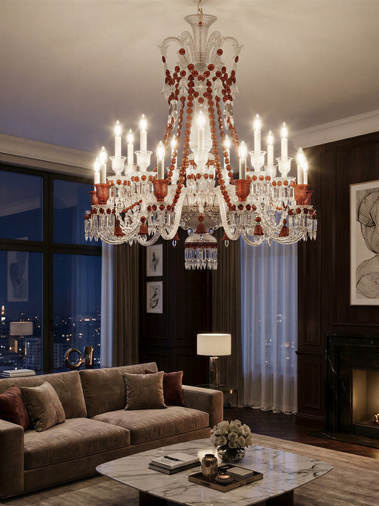 Baccarat-Style Red Accent Crystal Chandelier