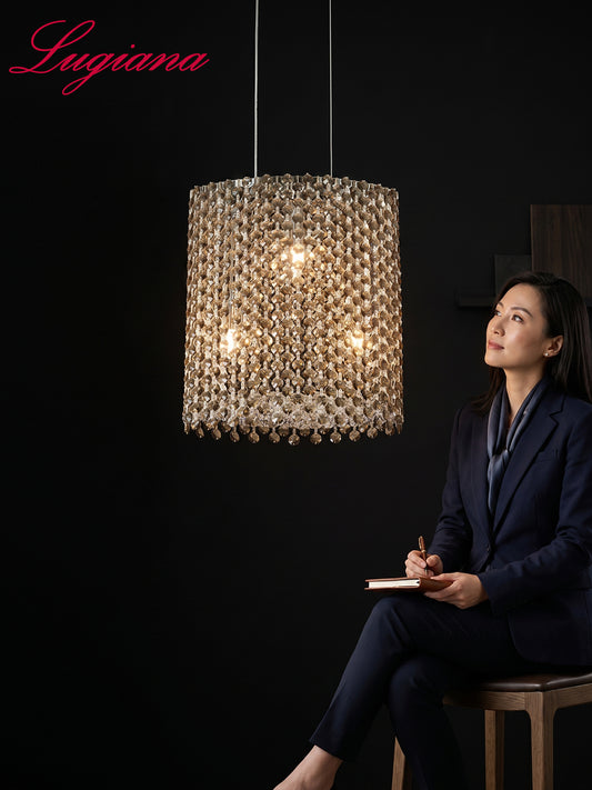 Gold-Tone Cylindrical Crystal Pendant Light