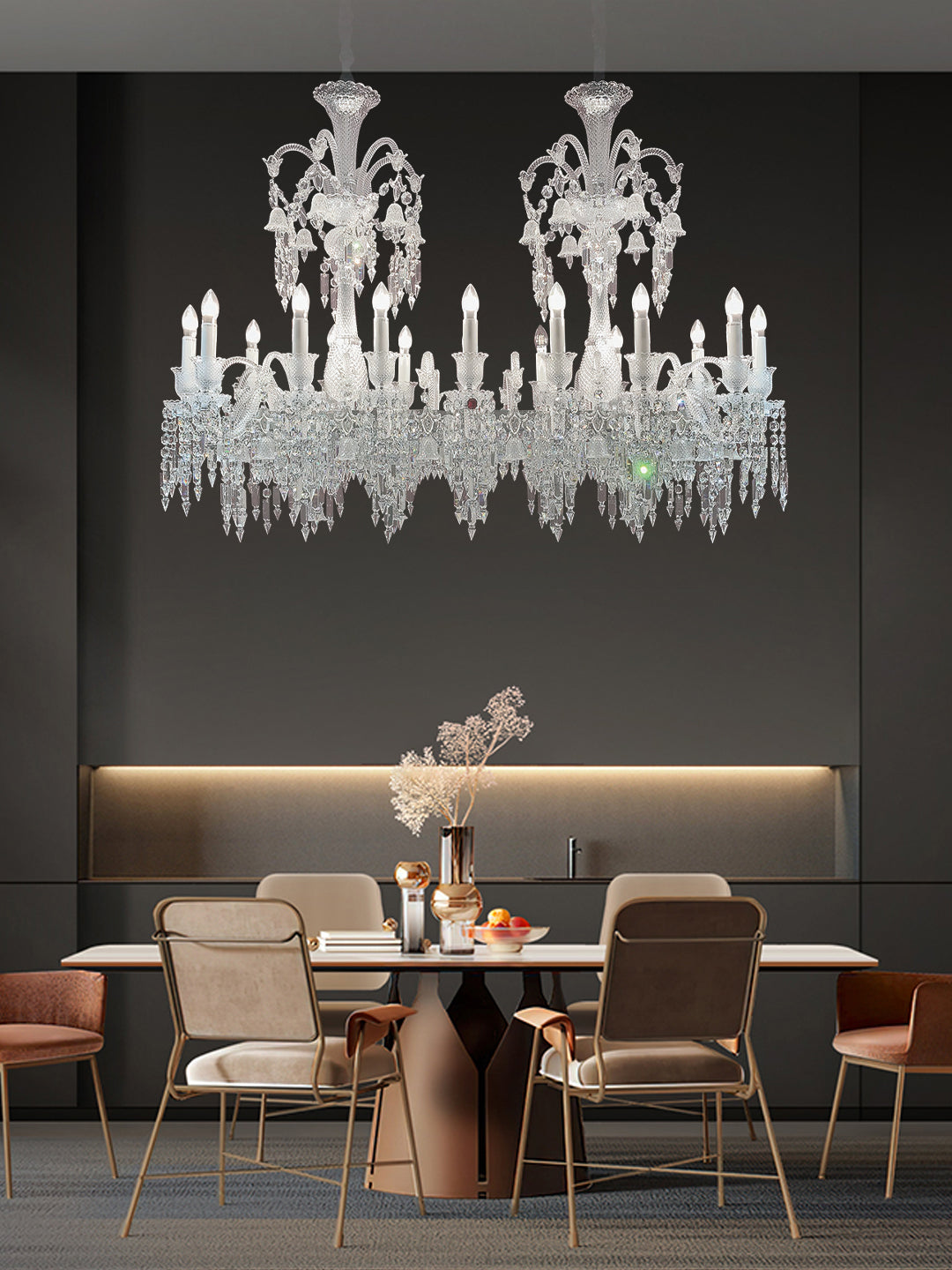 Baccarat-Style Long Double Crystal Chandelier