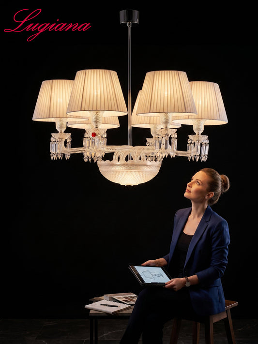 4-Light White Fabric Shade Crystal Chandelier