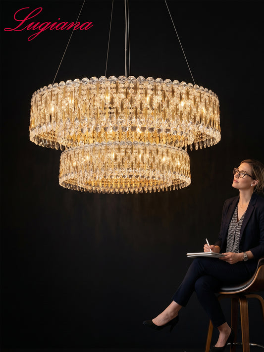Two-Tier Gold Crystal Drum Chandelier