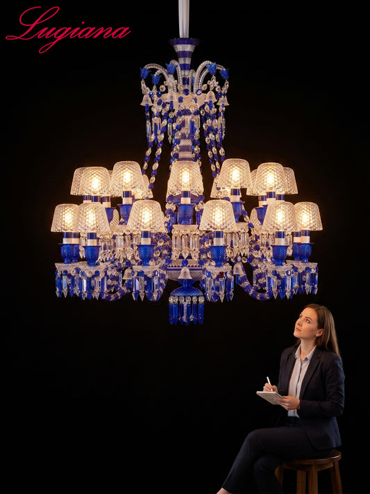 Sapphire Blue Crystal White Shade Chandelier