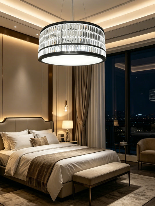 Black Frame Crystal Drum Pendant Light