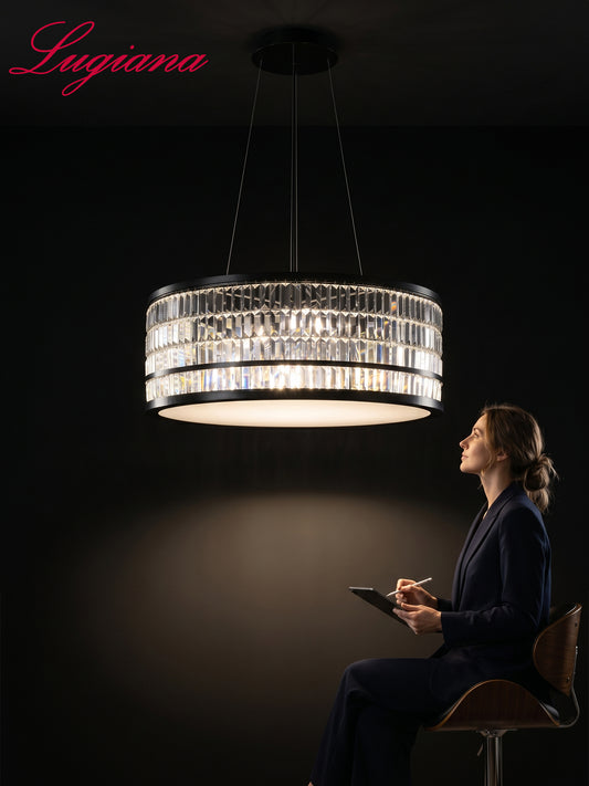 Black Frame Crystal Drum Pendant Light