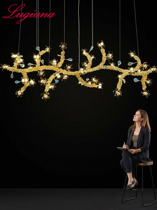Long Gold Branch Floral Pendant Light