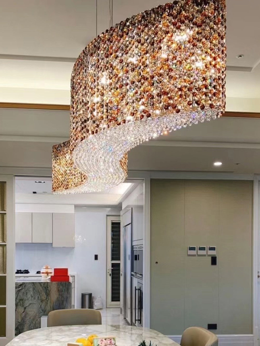 Wave-Shaped Gold Crystal Chandelier