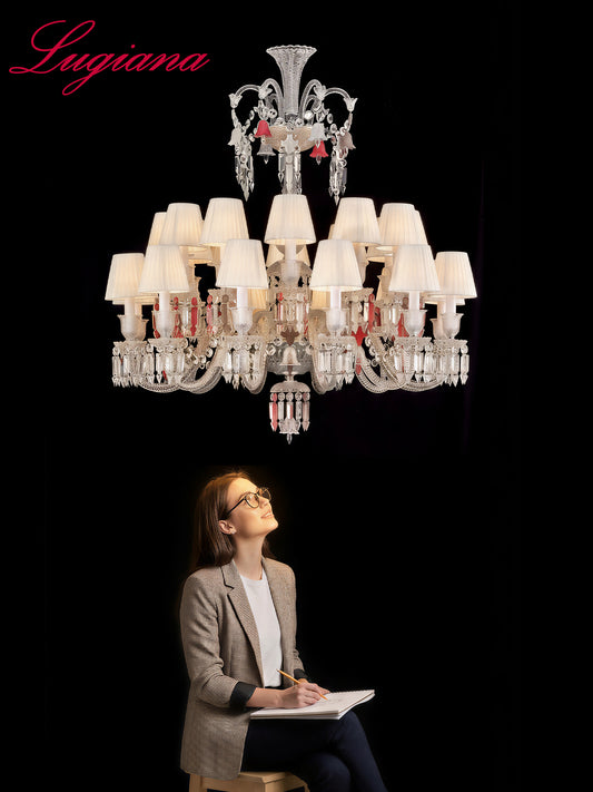 Pink accent crystal chandelier with fabric shade