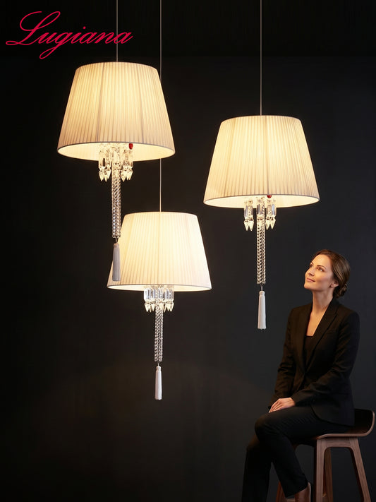 White Pleated Shade Crystal Pendant Light