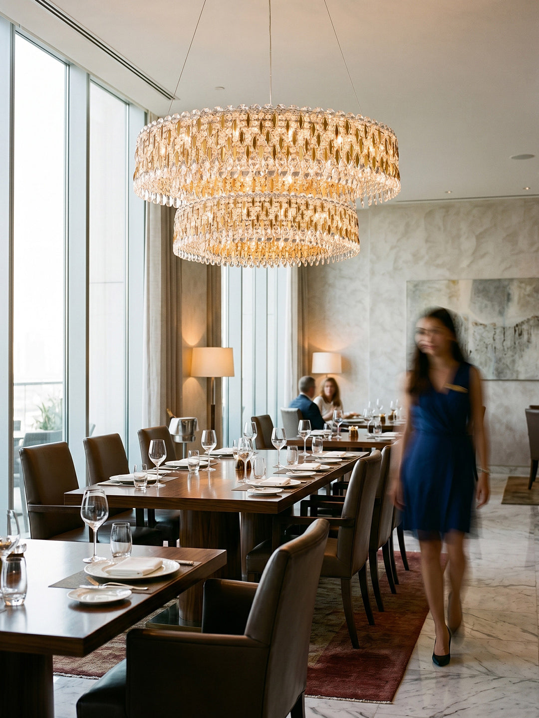 Two-Tier Gold Crystal Drum Chandelier
