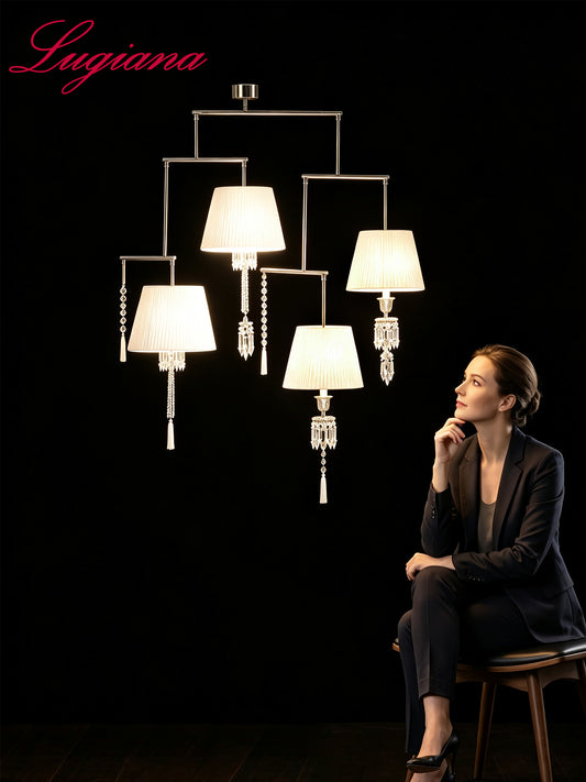 4-Light Tiered Arm White Shade Crystal Pendant Lamp