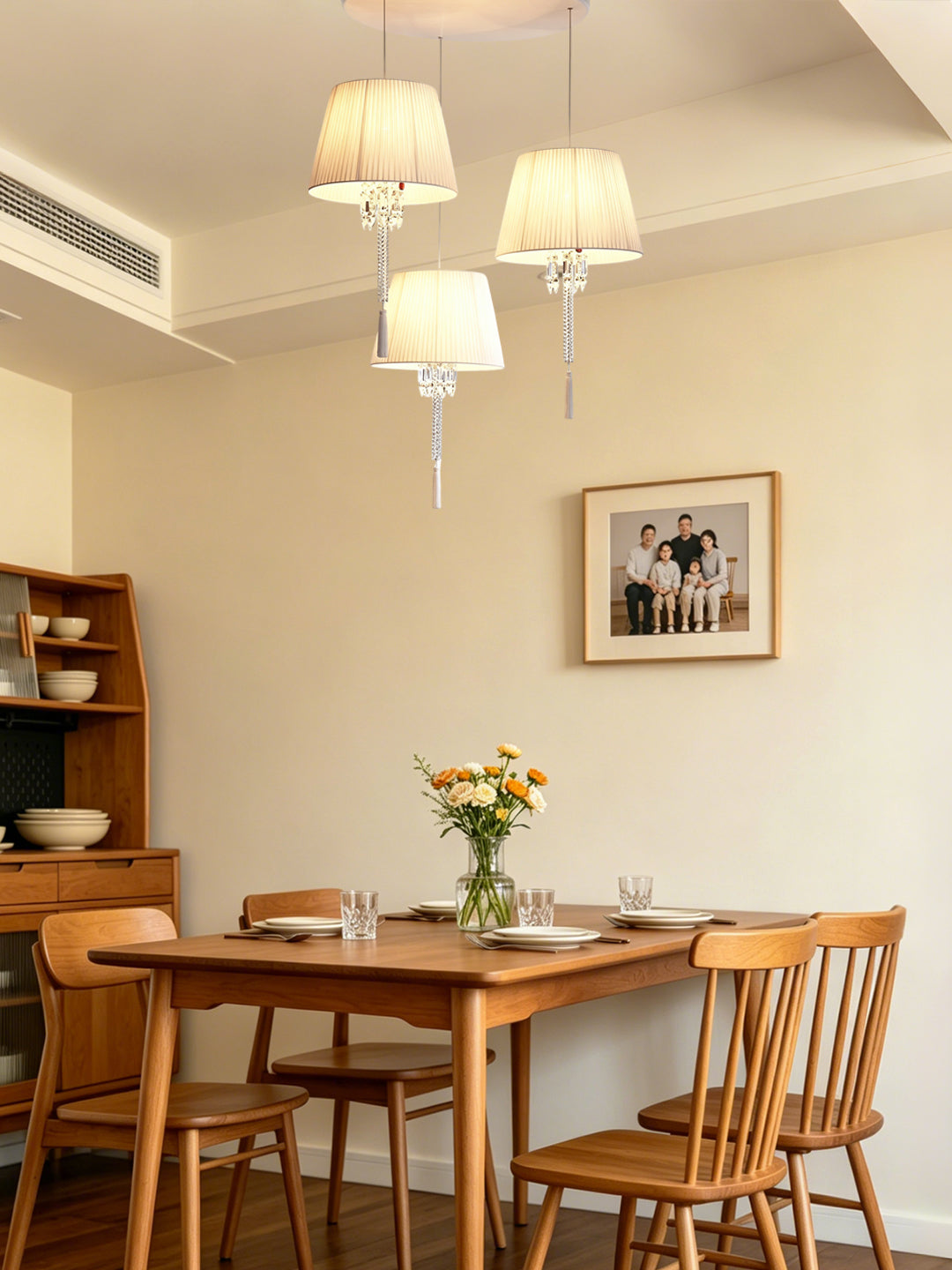 European 3 Heads Cream Pleated Shade Crystal Tassel Dining Pendant Lamp