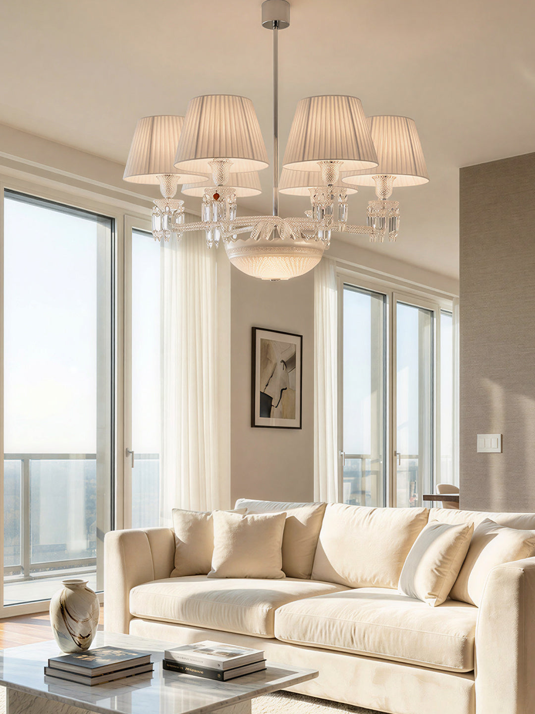 4-Light White Fabric Shade Crystal Chandelier