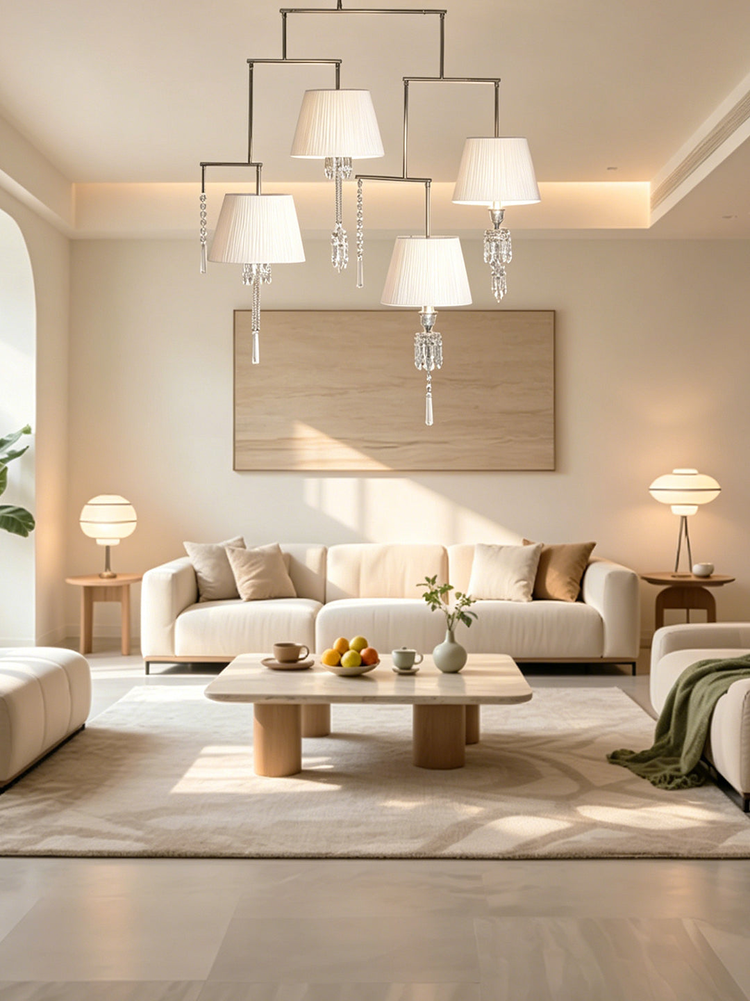 4-Light Tiered Arm White Shade Crystal Pendant Lamp