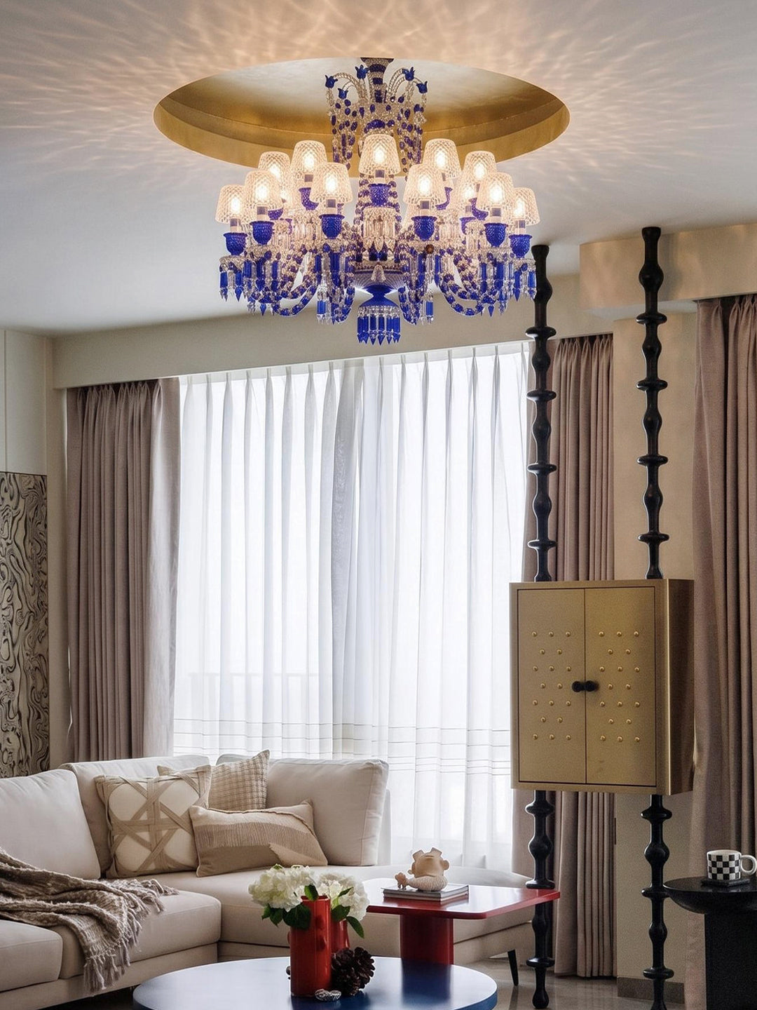Sapphire Blue Crystal White Shade Chandelier