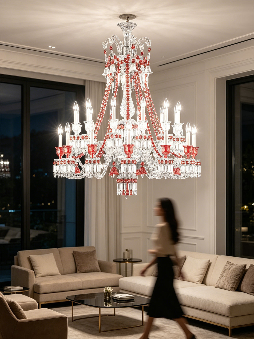 Baccarat-Style Red Accent Crystal Chandelier