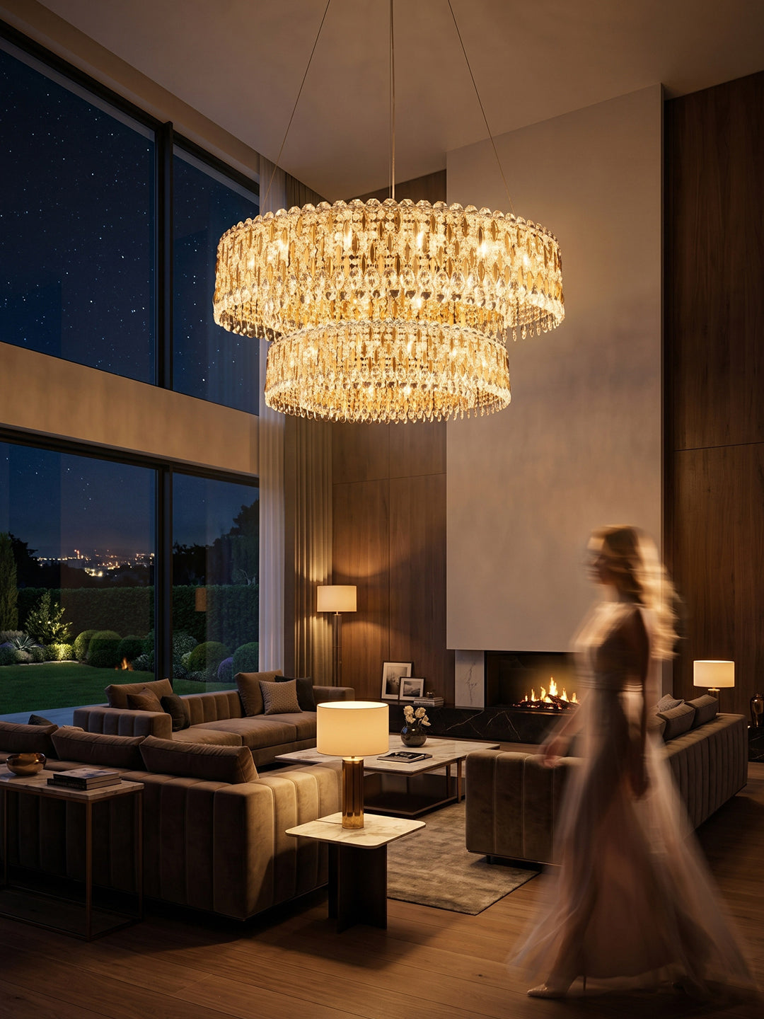 Two-Tier Gold Crystal Drum Chandelier