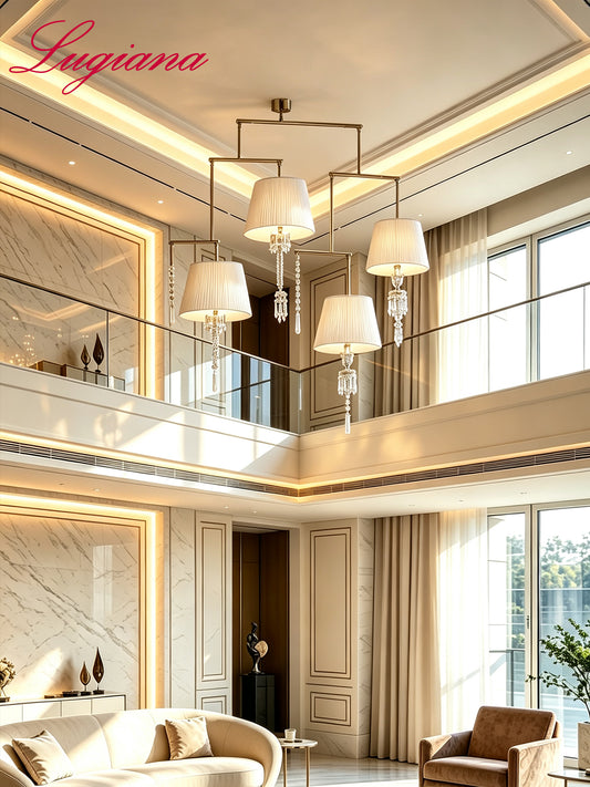 4-Light Tiered Arm White Shade Crystal Pendant Lamp