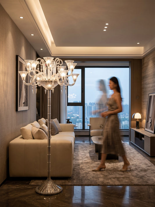 Gold crystal floor lamp with chandelier top