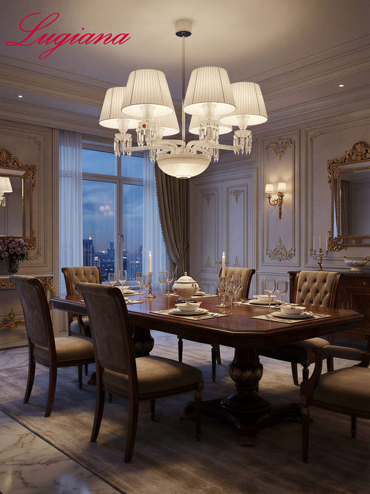 4-Light White Fabric Shade Crystal Chandelier