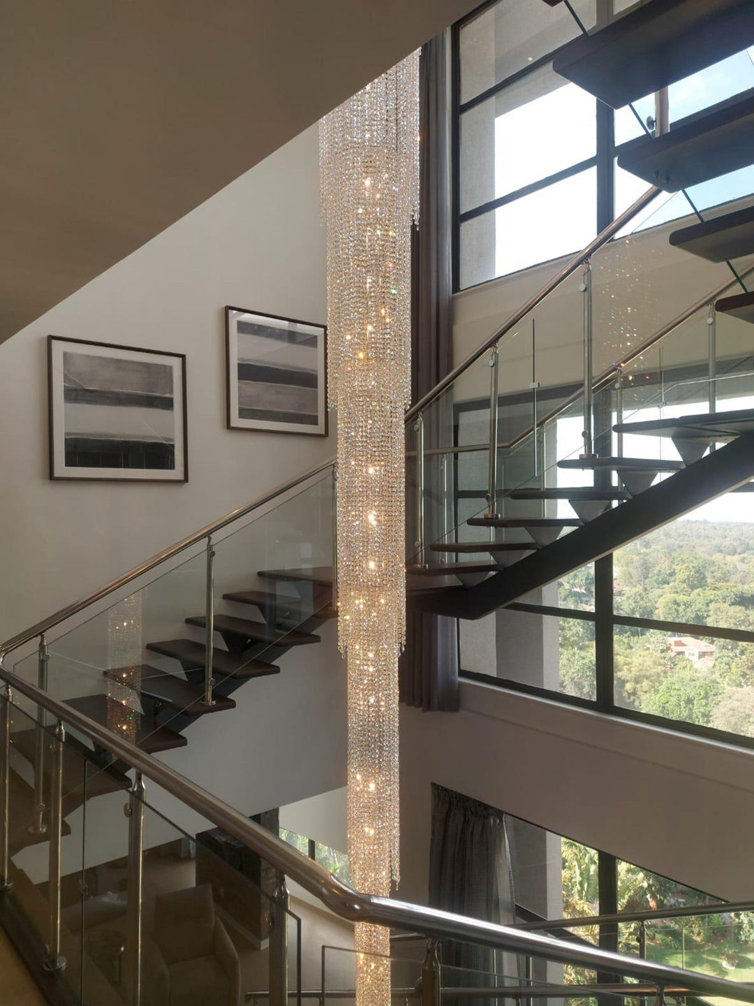Long Vertical Crystal Cascade Chandelier