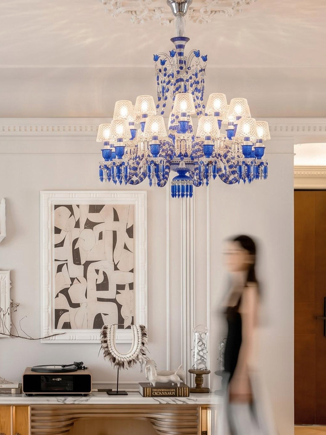 Sapphire Blue Crystal White Shade Chandelier