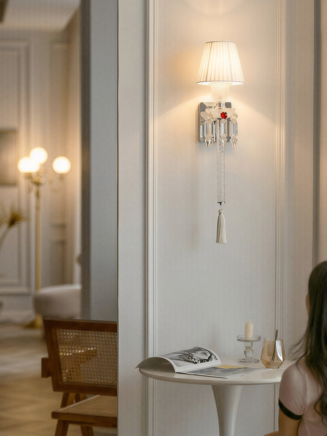 White Pleated Shade Crystal Wall Sconce
