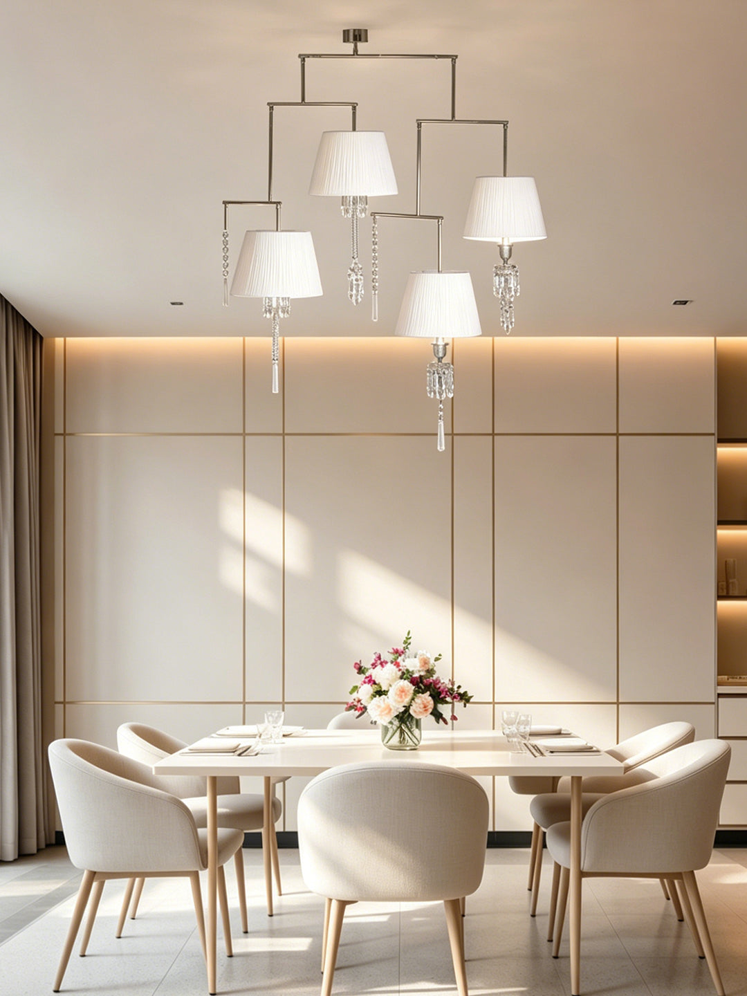 4-Light Tiered Arm White Shade Crystal Pendant Lamp