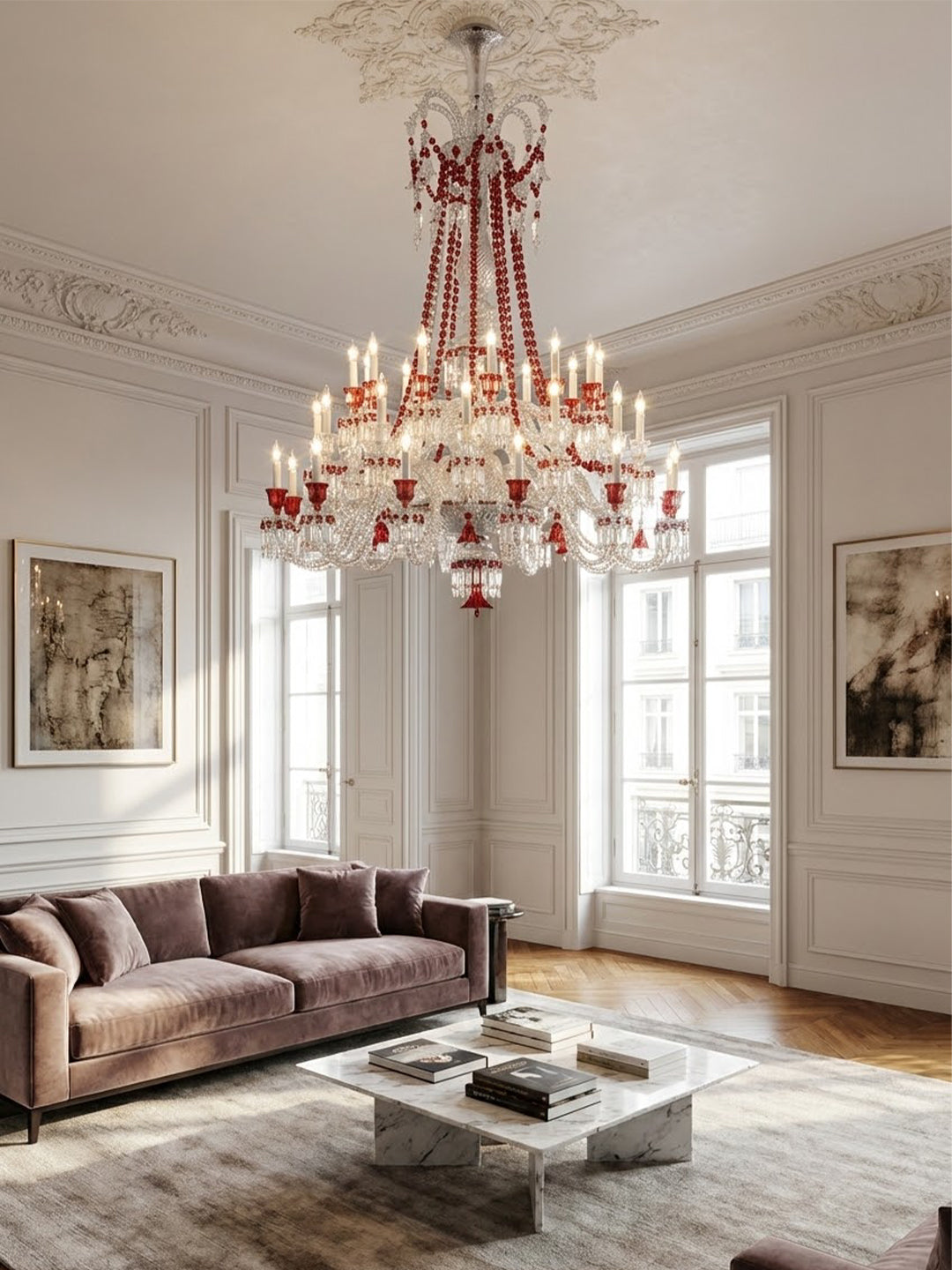 Baccarat-Style Red Accent Crystal Chandelier