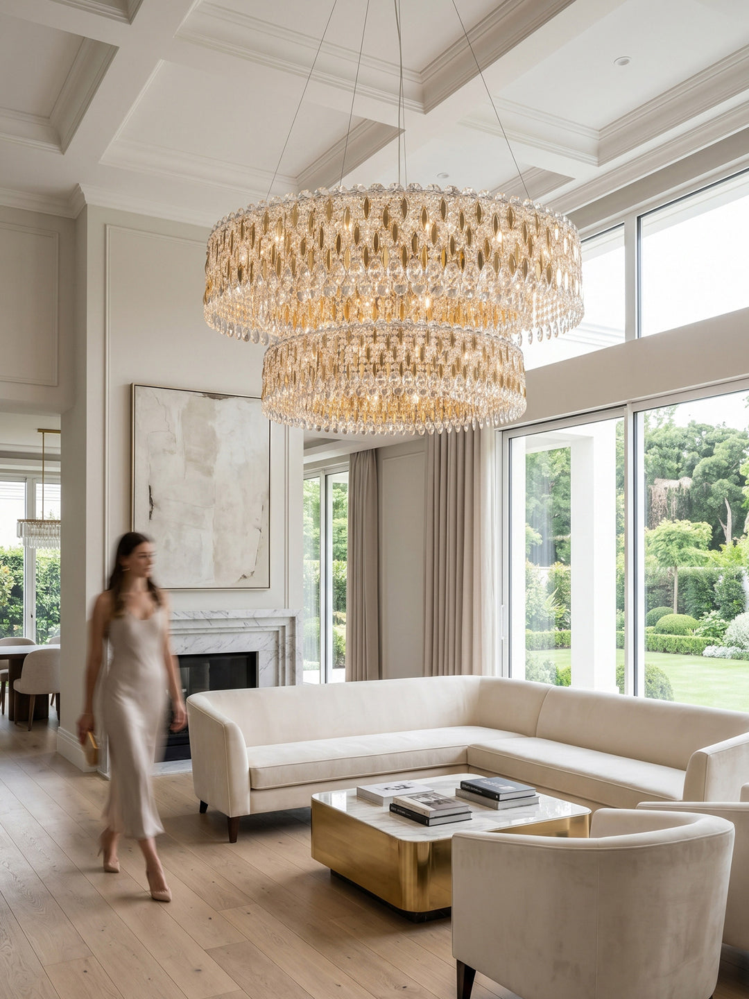 Two-Tier Gold Crystal Drum Chandelier
