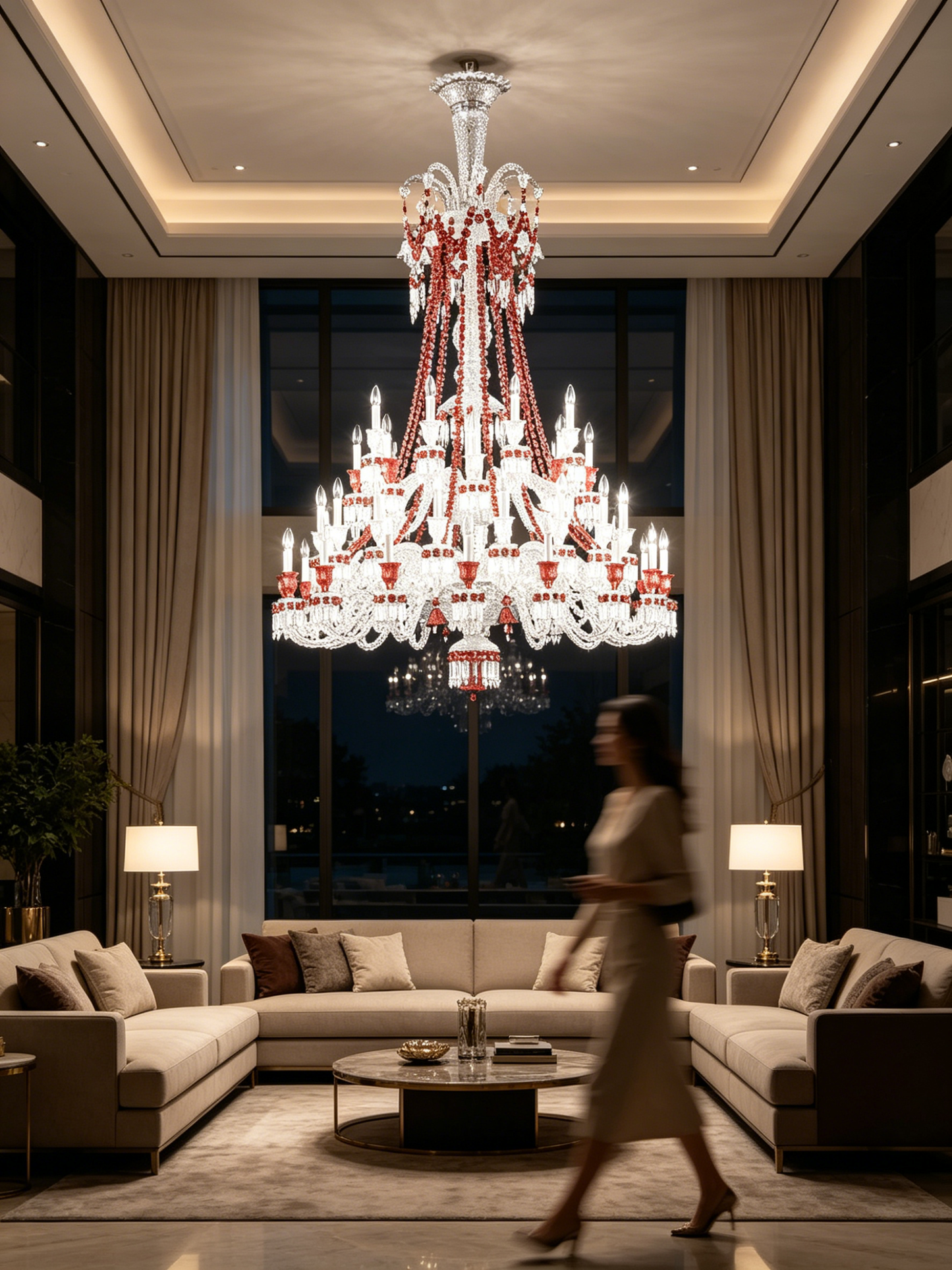 Baccarat-Style Red Accent Crystal Chandelier