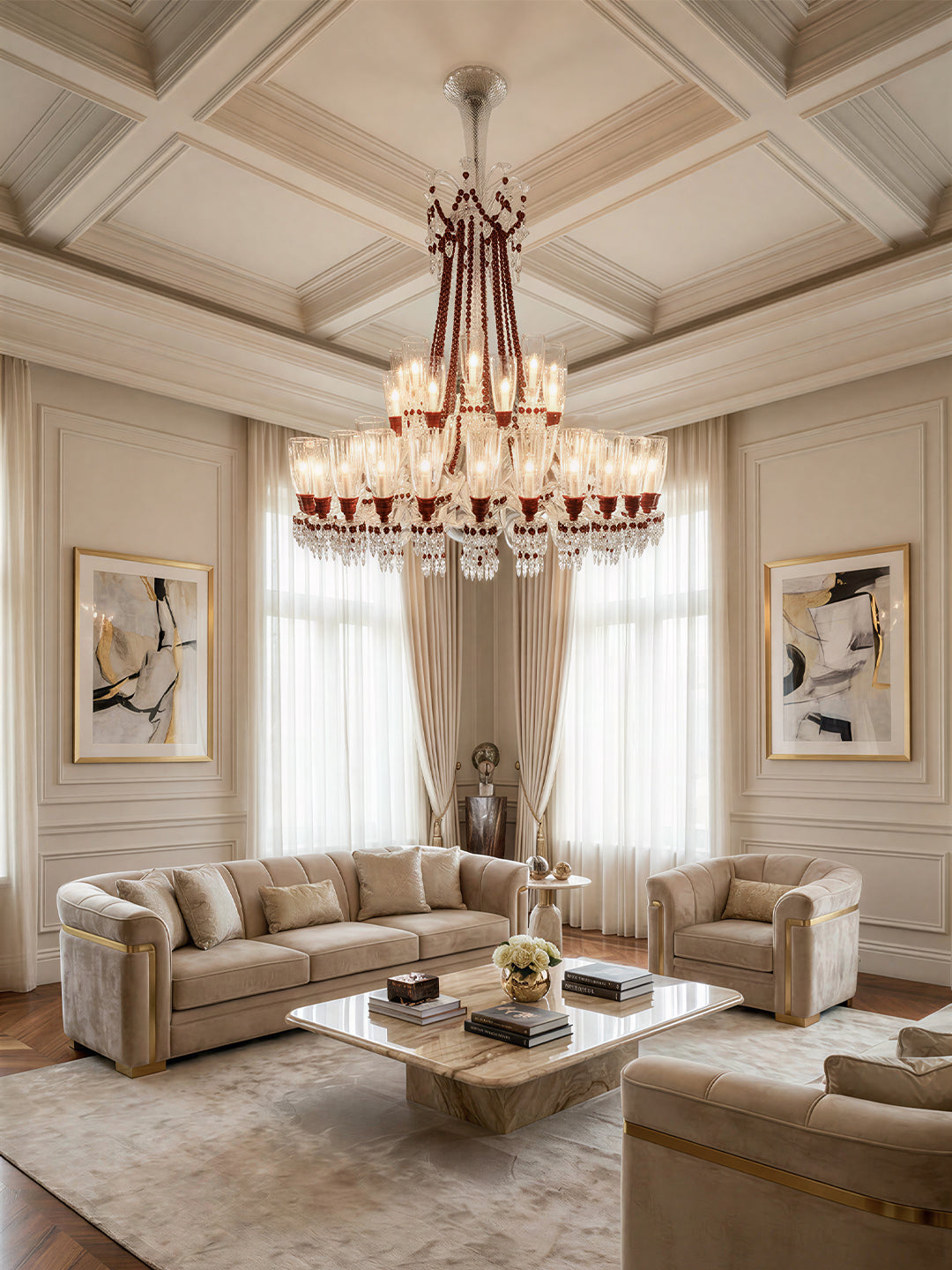 Baccarat-Style Red Accent Crystal Chandelier