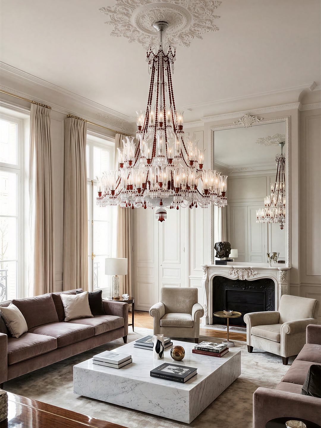 Baccarat-Style Red Accent Crystal Chandelier