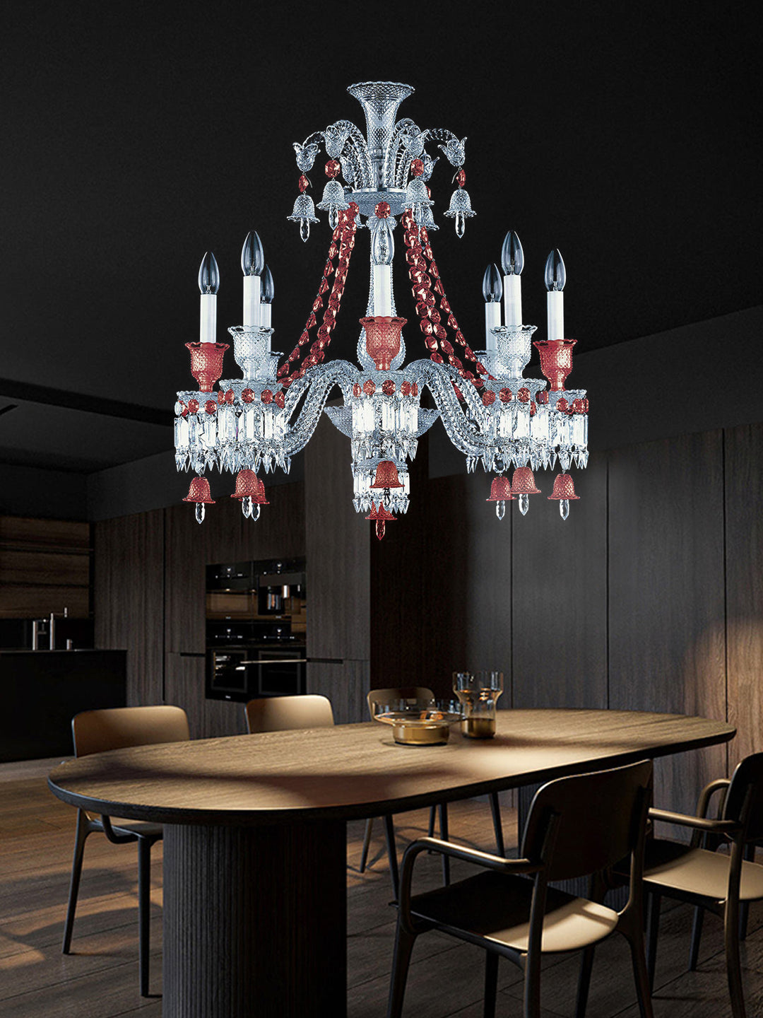 Baccarat-Style Red Accent Crystal Chandelier