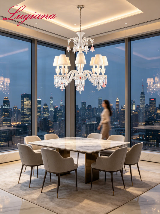 Pink accent crystal chandelier with fabric shade