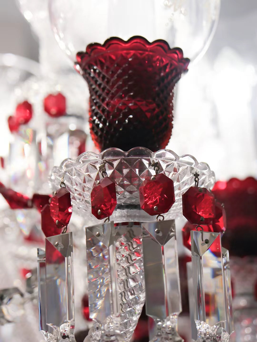 Baccarat-Style Red Accent Crystal Chandelier